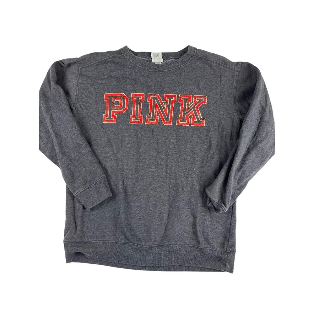Victoria's Secret PINK Crewneck Sweatshirt XS Gray Red Logo Cotton Blend